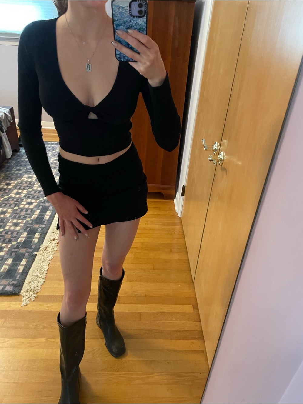 Black Long Sleeve Cutout Crop Top and Mini Skirt Set